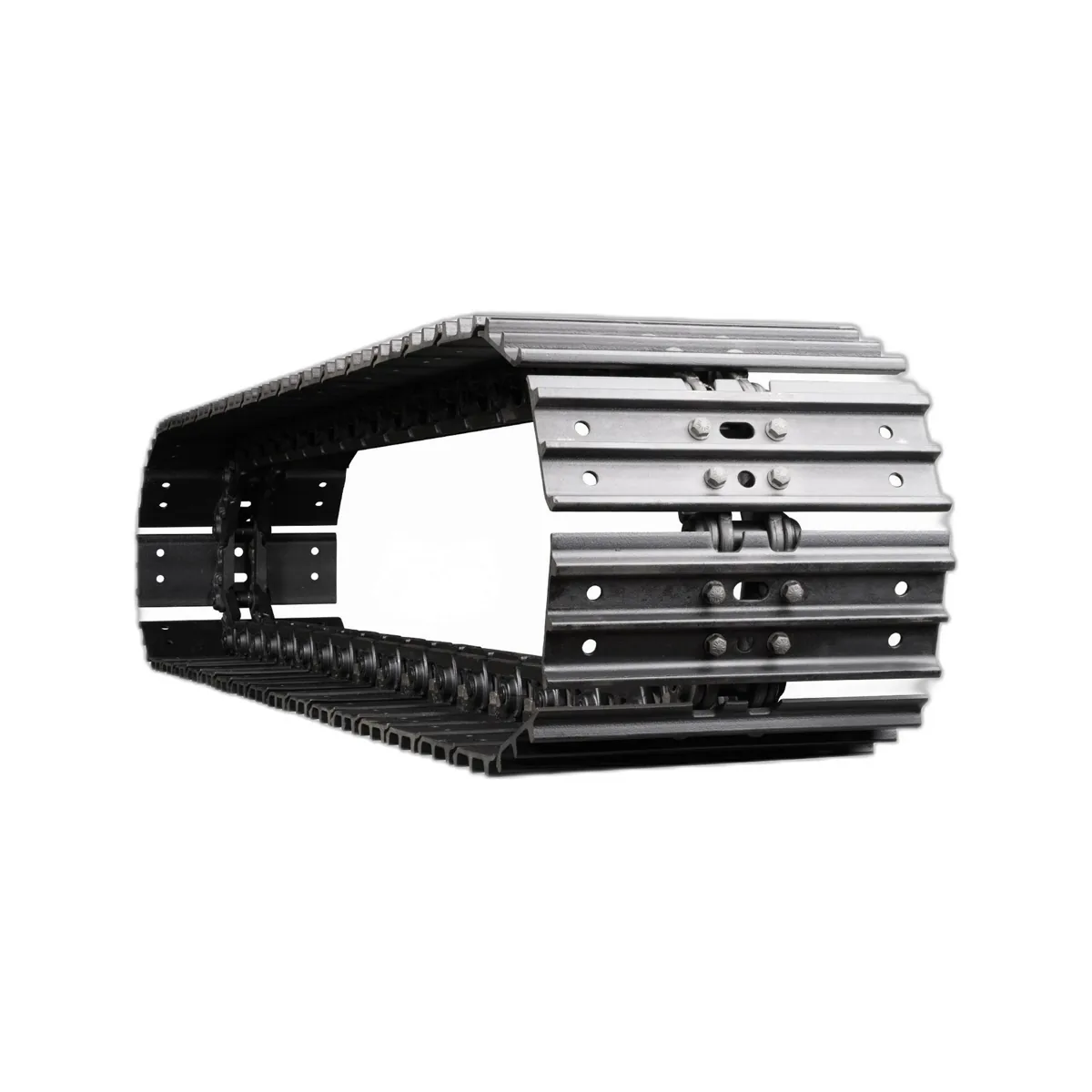Steel track chains, groups, and grouser shoes